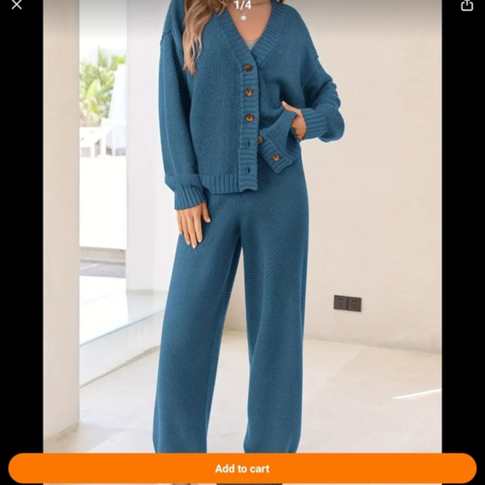 Blue Wide Leg Pants with High-Waisted Fit and Cardigan Set